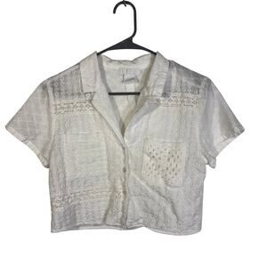 LIFE White Eyelet Lace Crop Top Small Button Front Cottagecore Boho